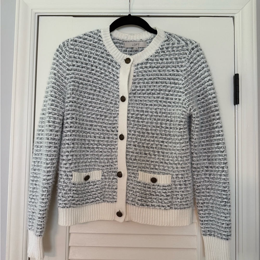 LOFT Women's Black and Cream Textured Cardigan